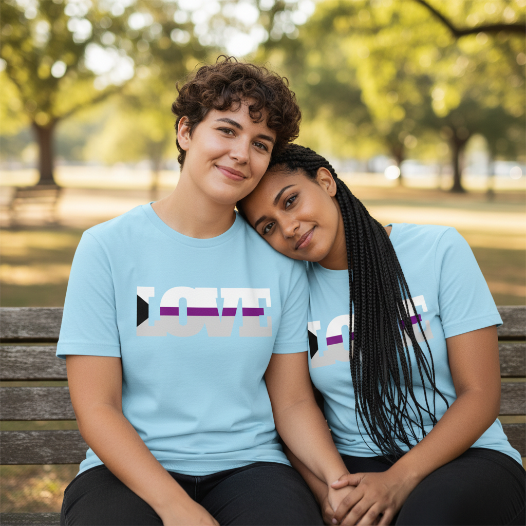 Light blue Demisexual T-Shirts on two queer folks cuddled close on a park bench