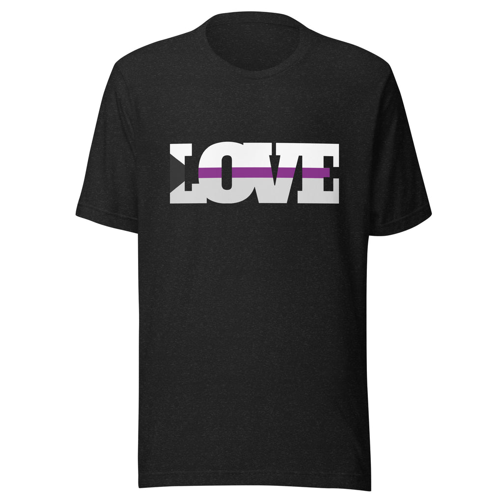 Front view of a black T-shirt with large white “LOVE” lettering crossed by a purple stripe