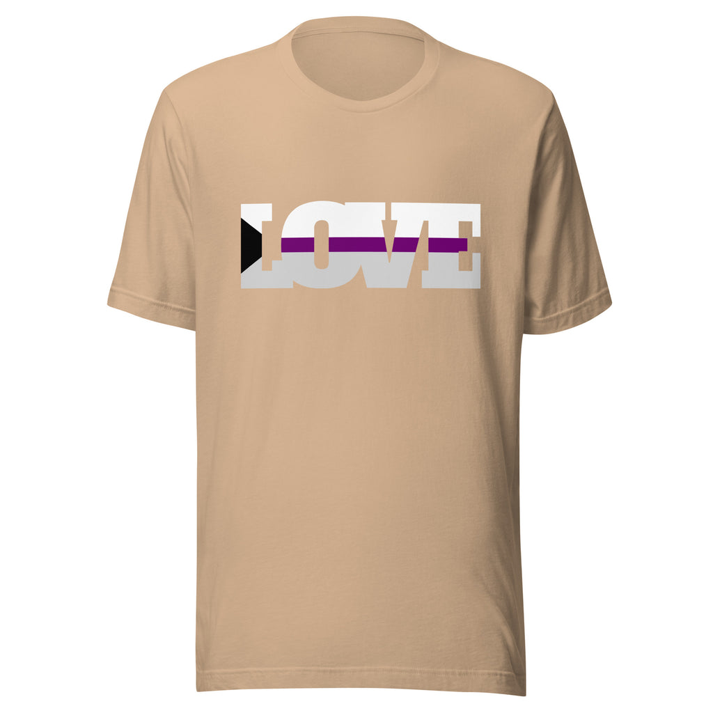 Front view of a tan T-shirt with a bold white, purple, and black geometric chest graphic