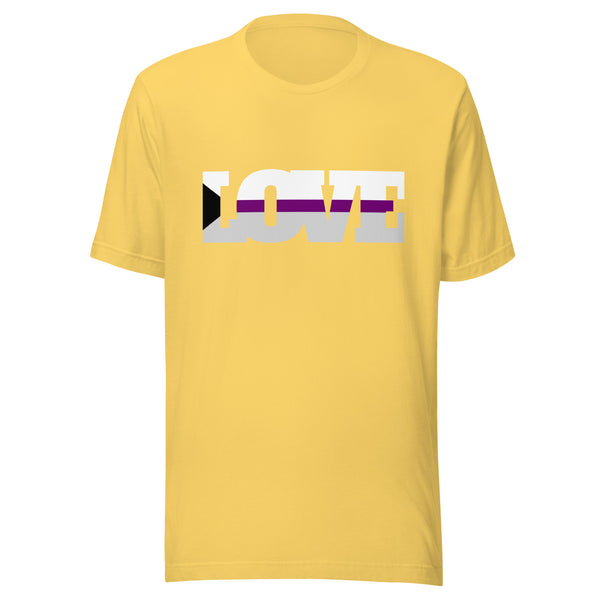 Front view of a yellow T-shirt with a large white, purple, and black geometric chest graphic