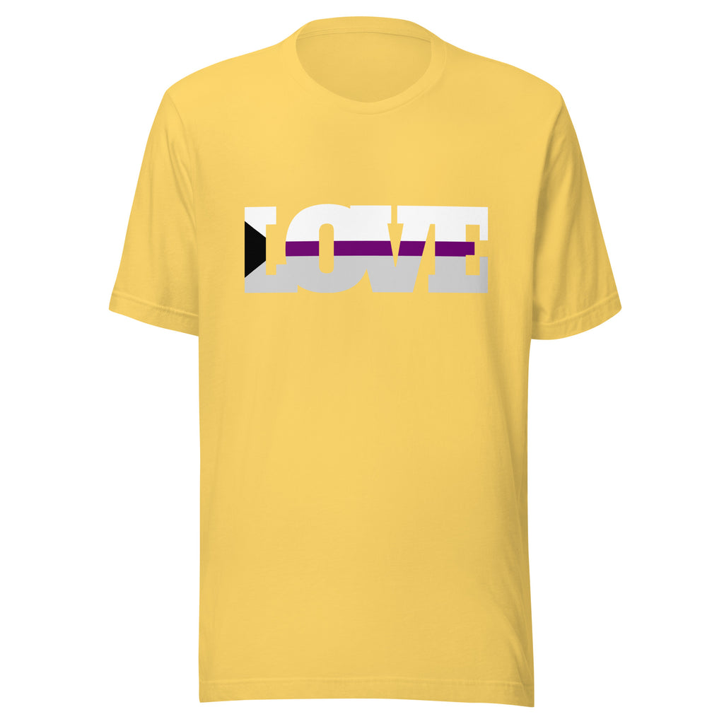 Front view of a yellow T-shirt with a large white, purple, and black geometric chest graphic