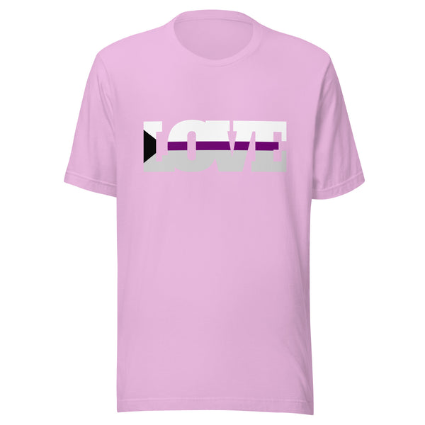 Demisexual T-Shirt featuring LOVE in bold block letters with asexual-pride colors