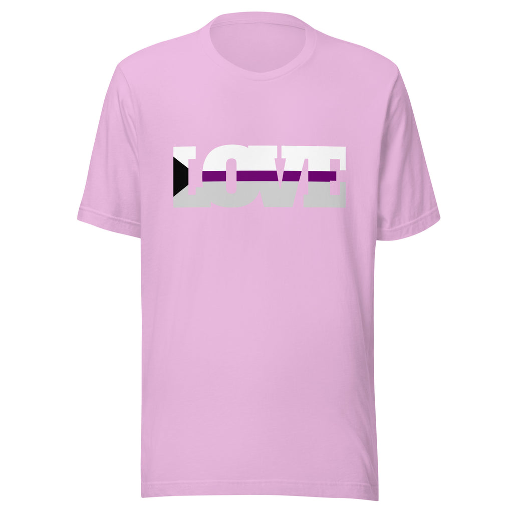 Demisexual T-Shirt featuring LOVE in bold block letters with asexual-pride colors