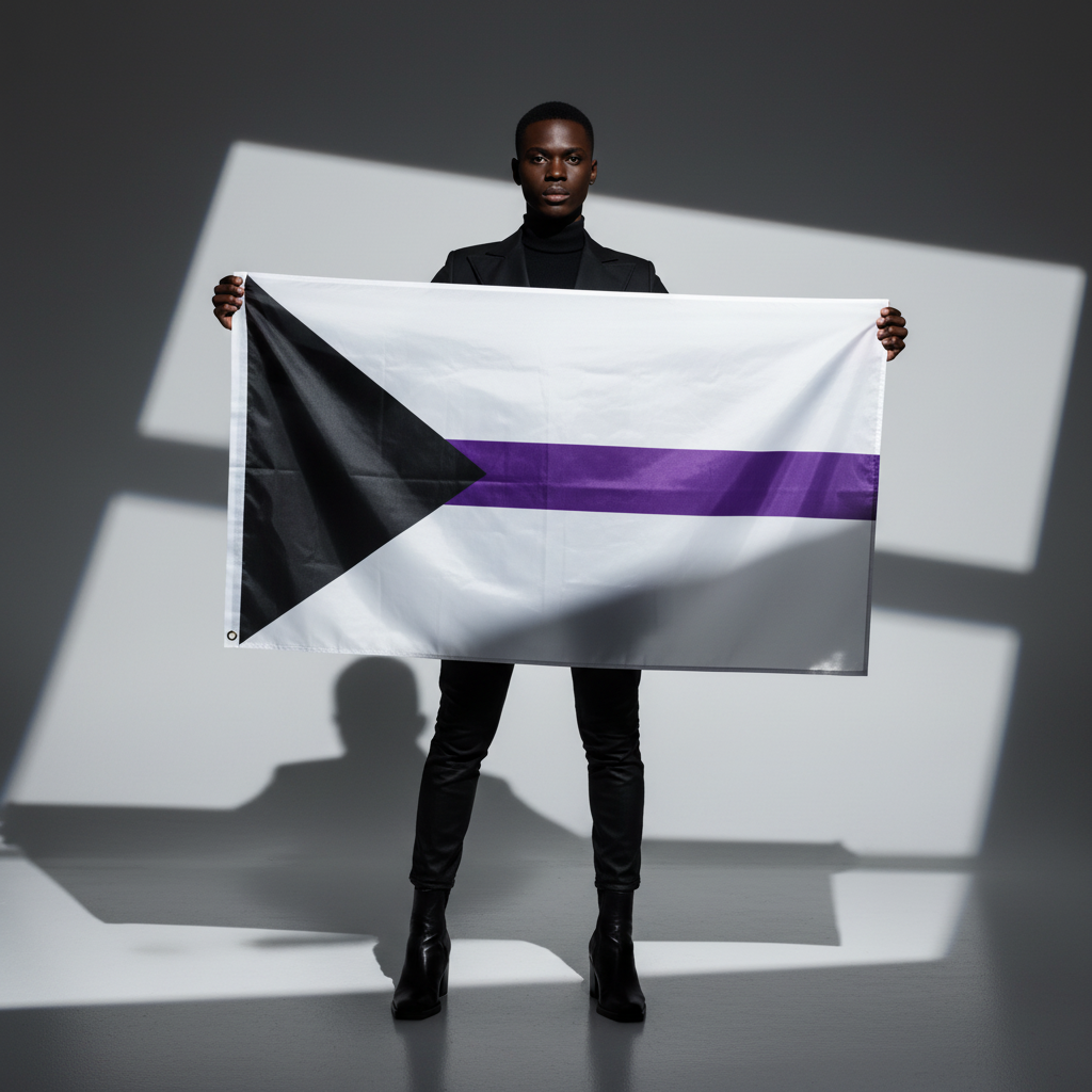 Model holding a demisexual pride flag with black, white, and purple stripes
