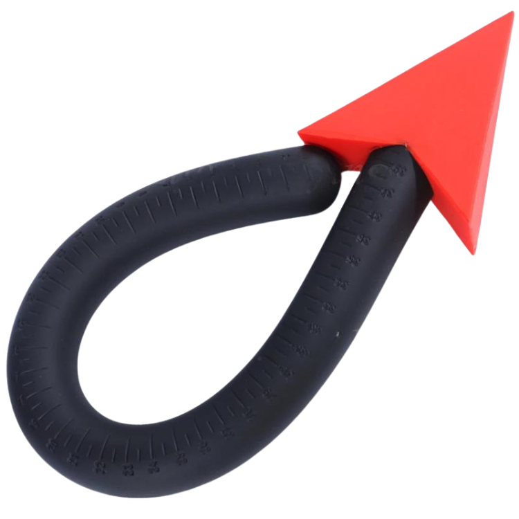 Black, curved extra-long butt plug with ribbed shaft and red triangular flared base