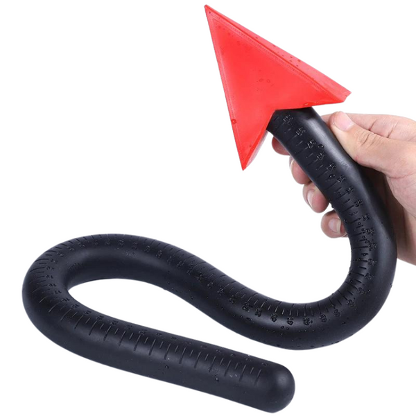 Hand-held black curved silicone butt plug with a large red triangular tail base