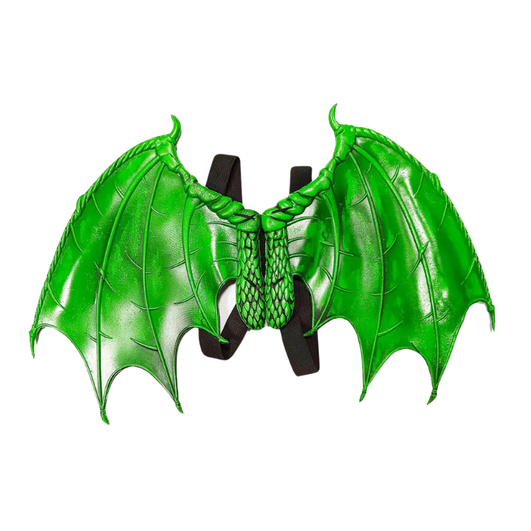 Bright green bat-like dragon wings with black shoulder straps, shown spread against white