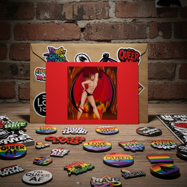 Red postcard showing a devilish winged figure in a fiery scene, surrounded by Pride buttons