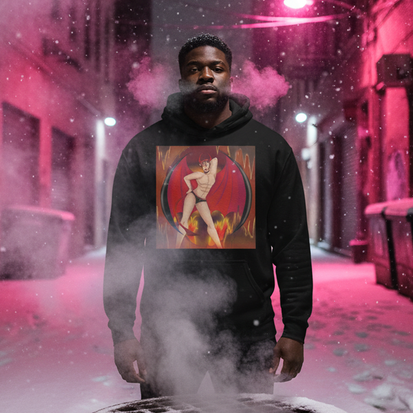 Black person modeling a black hoodie with a retro devil pin-up graphic in a neon-lit alley