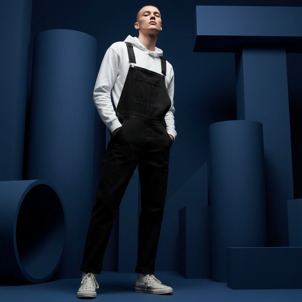 Front-view model wearing black bib overalls over a white hoodie and sneakers