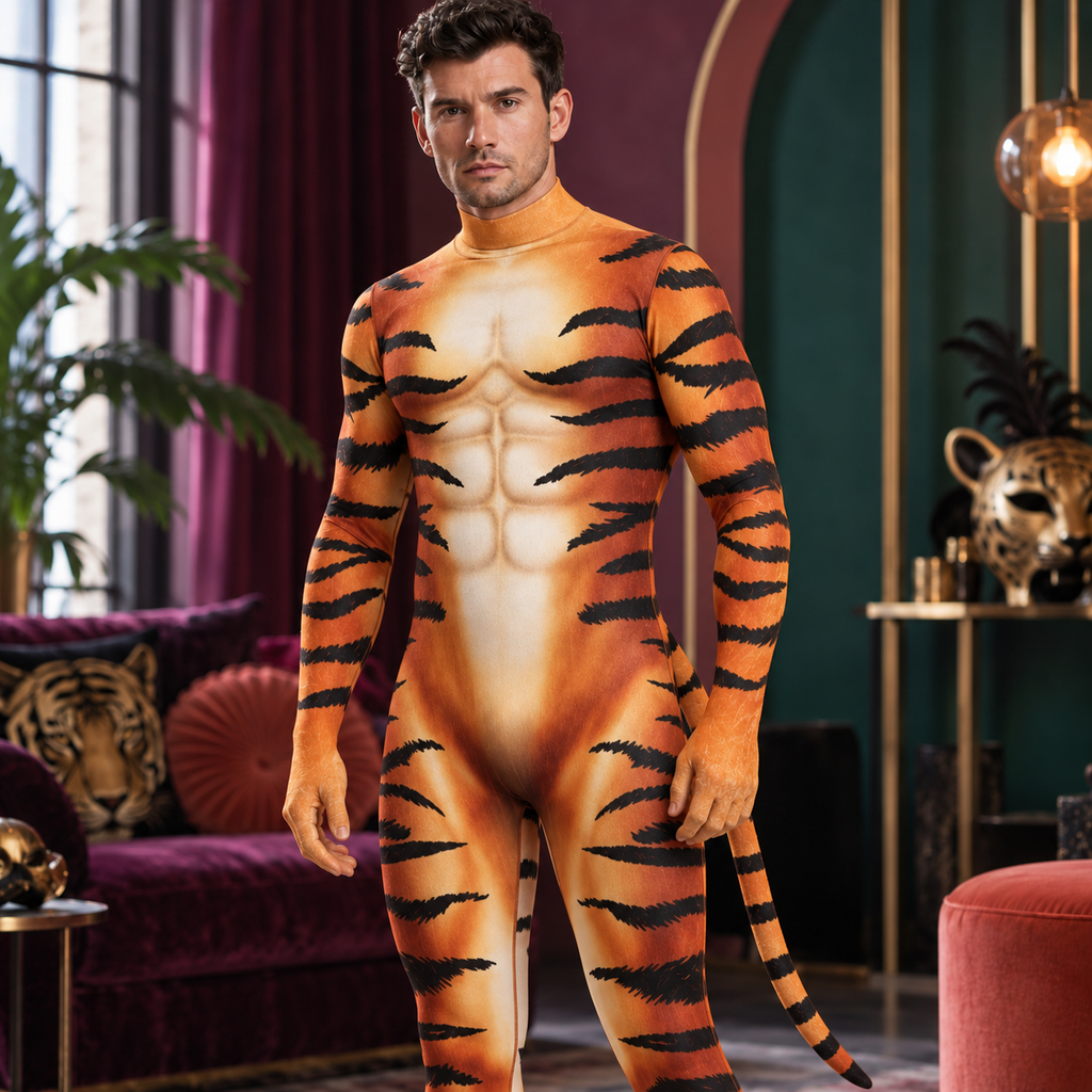 Close view of a model wearing Tiger Zentai Body Suit With Tail in a queer costume-party setting.