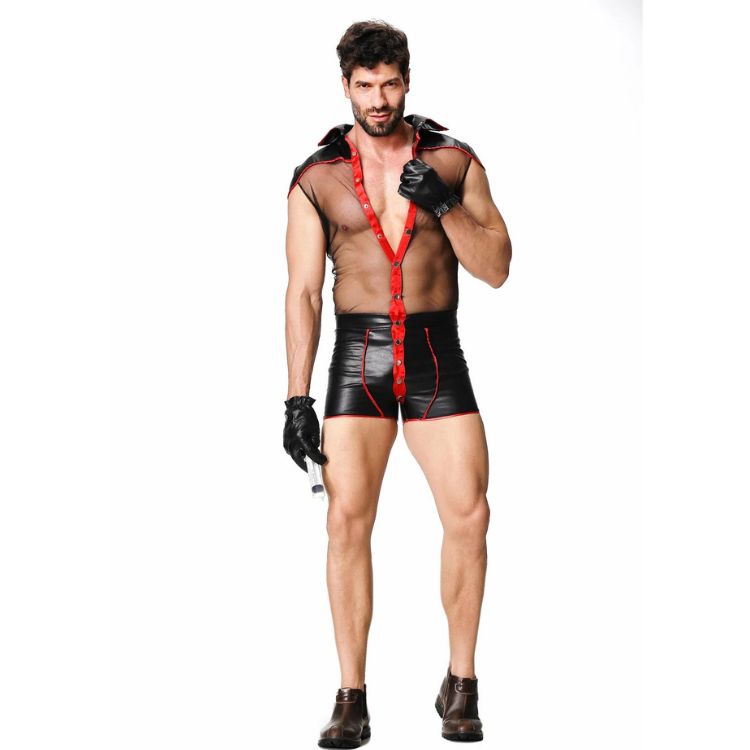 Front-facing model wearing a black sheer mesh devil costume with red trim and gloves