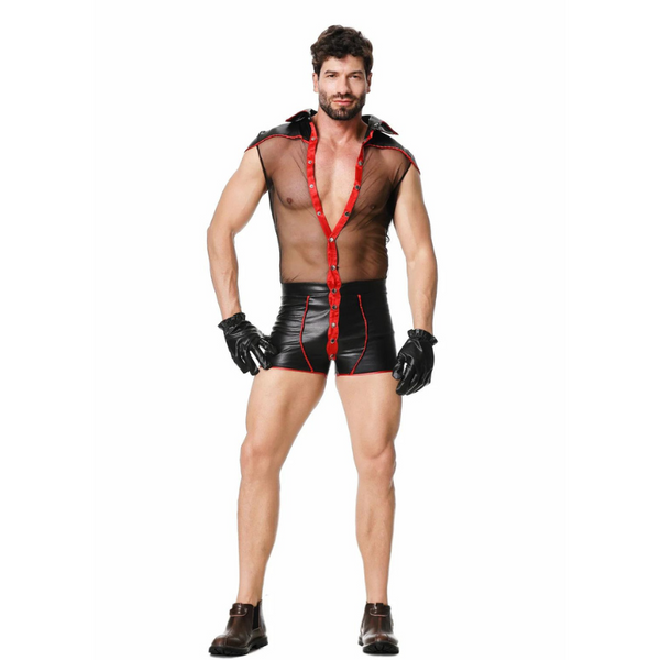Front-facing model wearing a sheer black mesh devil costume with red trim, shorts, and gloves