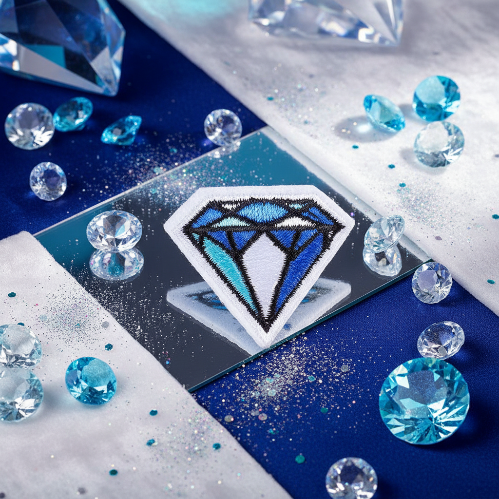 Diamond Rewards iron-on embroidered patch with blue, white, and silver fabric, clear and blue crystals, and glitter accents.