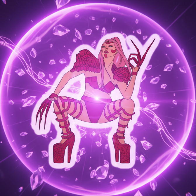 Illustrated winged woman in pink lingerie and platform heels inside a glowing purple sphere