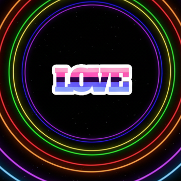 Omnisexual Love Magnet features bold LOVE letters with a bisexual-pride gradient, set against a starry black background with rainbow neon rings, embodying queer pride and vibrant self-expression.