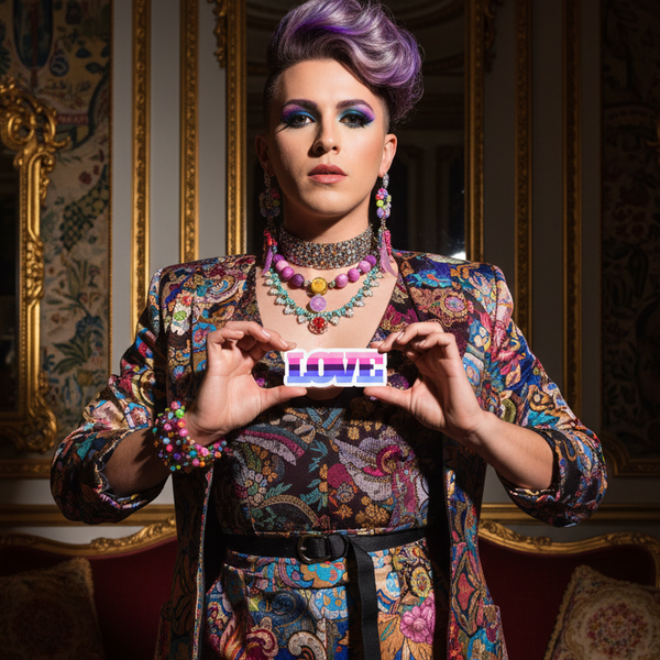 Person styled in a vibrant, patterned outfit holds the Omnisexual Love Magnet, symbolizing queer pride and self-expression, amid an opulent setting, embodying bold, empowering, and joyful queer energy.