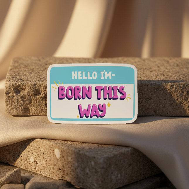 Rectangular magnet reading “HELLO I’M—BORN THIS WAY” on stacked stones
