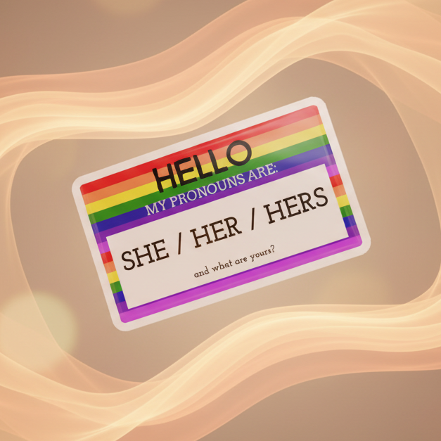 Angled rainbow-bordered magnet reading “HELLO MY PRONOUNS ARE: SHE / HER / HERS”