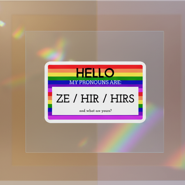 Rainbow-bordered pronoun magnet reading “Hello, my pronouns are: ze / hir / hirs”
