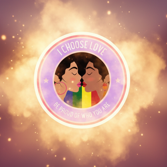 Round magnet graphic of two people kissing, with a rainbow and “I CHOOSE LOVE” text