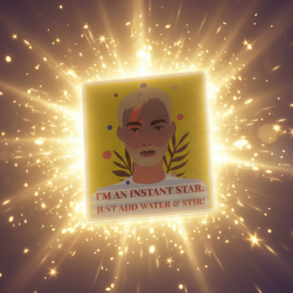Square illustrated magnet reading “I'M AN INSTANT STAR. JUST ADD WATER & STIR!”