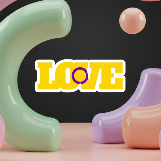 Yellow and white LOVE sticker with a purple ring inside the O, among pastel shapes