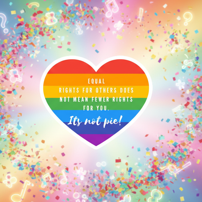 Rainbow-striped heart magnet reading “Equal rights for others does not mean fewer rights for you. It’s not pie!”