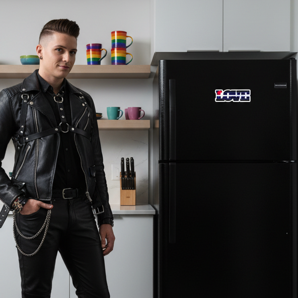 A person in leather attire stands beside a matte-black refrigerator adorned with the Leather Pride Love Magnet, celebrating queer expression with a bold “LOVE” design in red-white-blue.