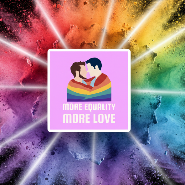 LGBT Couple Magnet shows two people wrapped in a rainbow flag, touching foreheads, with "More Equality More Love" on pink.