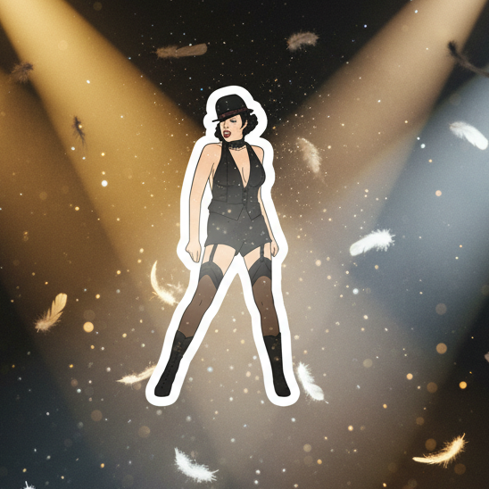 Cutout magnet of a woman in a black burlesque outfit and wide-brim hat