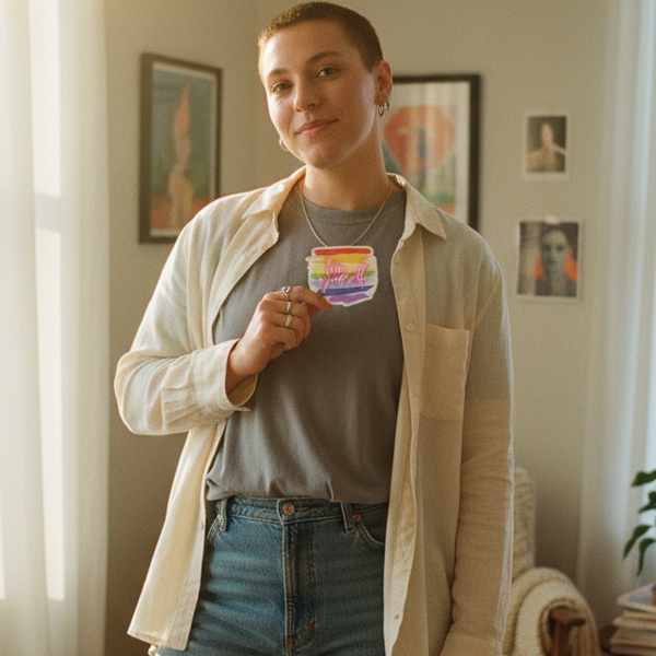 A young person joyfully presents the Love Yourself! Magnet, a vibrant rainbow-striped symbol of queer pride and self-expression, embodying bold empowerment and inclusive visibility.