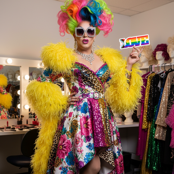 Drag performer in vibrant outfit holds a Progress LGBT Love Magnet, a rainbow-patterned sign symbolizing pride and self-expression, in a colorful, campy dressing-room scene celebrating queer identity.