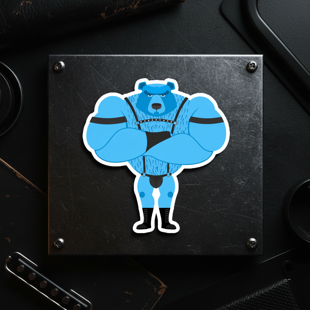 Cartoon blue muscular bear with black straps and crossed arms, stern face on scratched black metal magnet—queer fetish home décor.