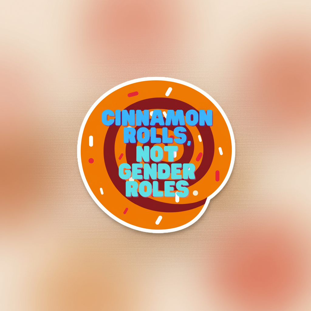 Cinnamon Rolls Not Gender Roles Magnet with a sprinkled iced roll and bold blue text on a soft gradient, adding queer home flair.