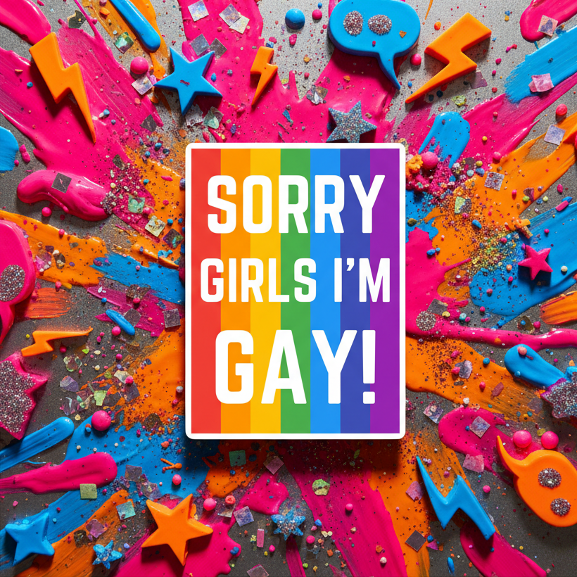 Sorry Girls I'm Gay!" magnet with bold white text on rainbow stripes, playful stars, glitter accents, and fun speech bubbles.