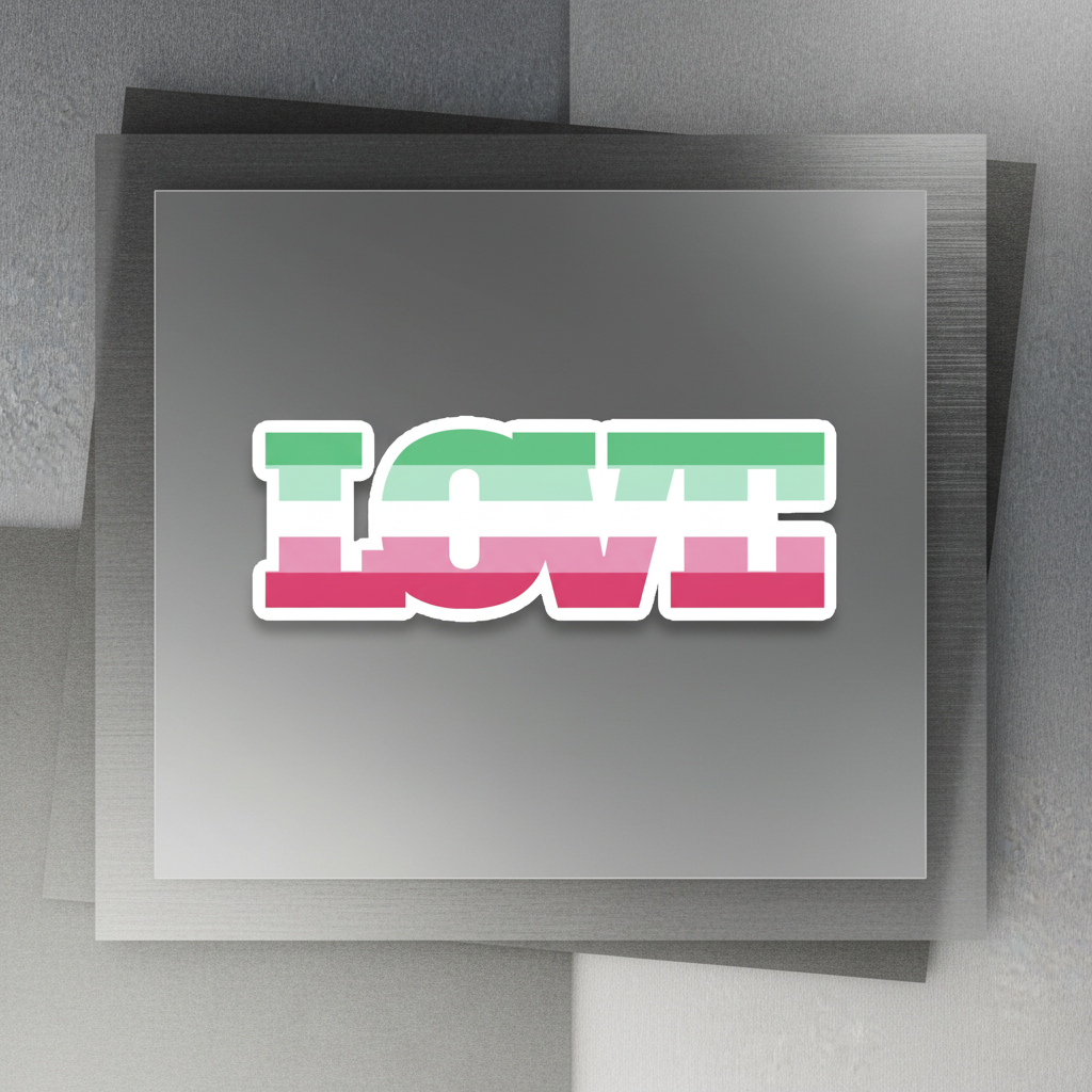 Abrosexual Pride Magnet with bold white "LOVE" text on green, white, and pink stripes over a metallic gray and silver background.