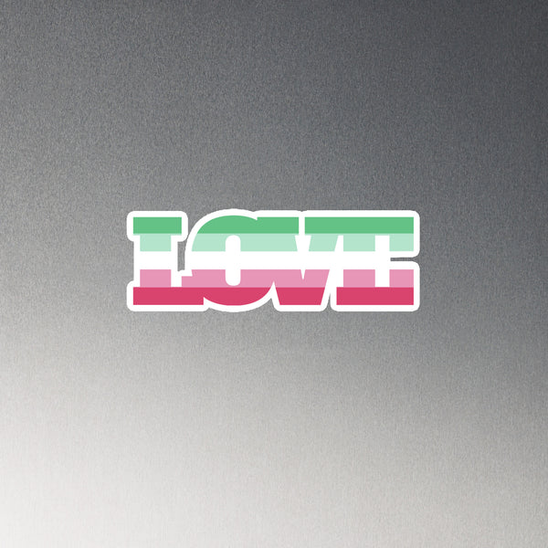 Graphic of the Abrosexual Pride Magnet featuring bold LOVE letters in mint-green, white, and pink stripes, outlined in white, embodying queer pride and empowerment with a matte vinyl finish.