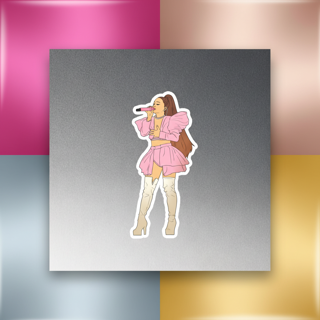 Ariana Grande Magnet shows her singing in a pink dress and white boots on a gray square with pink, beige, blue, and yellow accents.