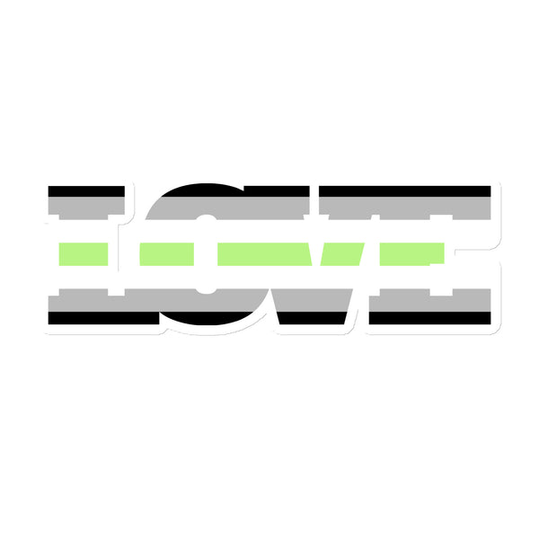 Agender Love Magnet with LOVE text in stacked black/grey stripes and a central lime-green stripe, crafted from flexible vinyl, embodies queer pride and vibrant self-expression.