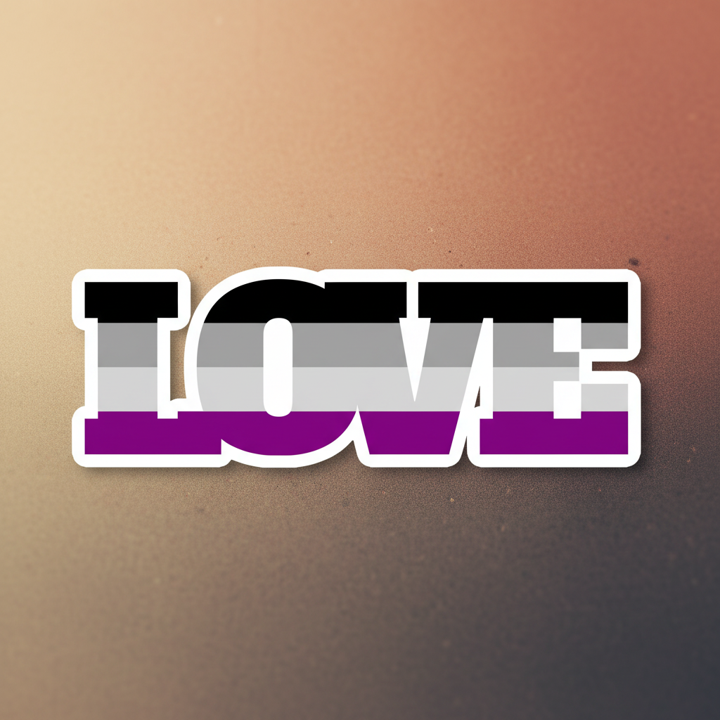 Vinyl magnet with "LOVE" in bold, filled with asexual flag stripes—black, gray, white, purple—on a warm background. For LGBTQIA+ pride.