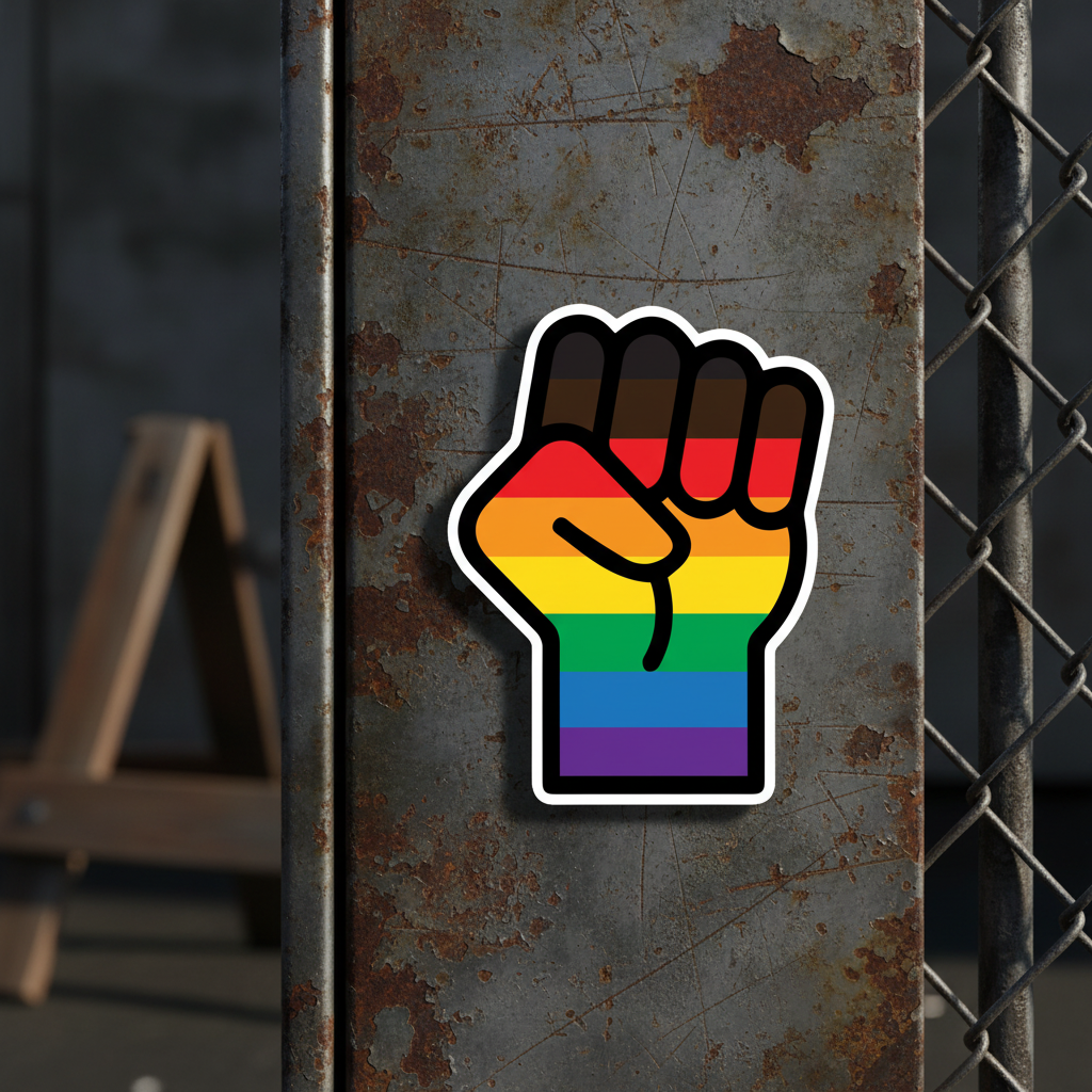 BLM LGBT Resist Magnet with a raised rainbow-striped fist for LGBTQ+ pride sits on weathered metal near a chain-link fence.