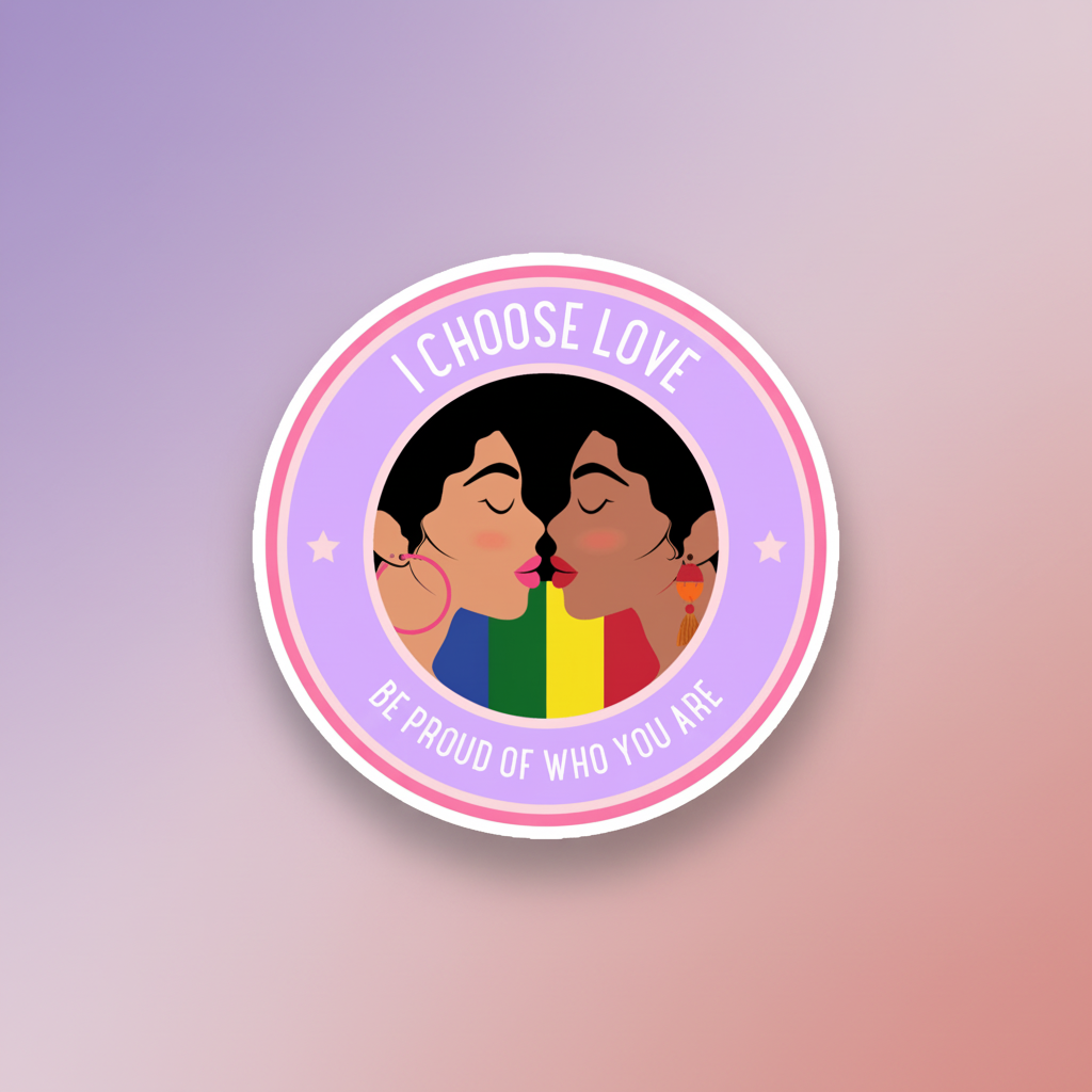 Magnetic vinyl pride magnet with two people nearly touching noses, rainbow flag between them, and border reading “I CHOOSE LOVE” and “BE PROUD OF WHO YOU ARE”.