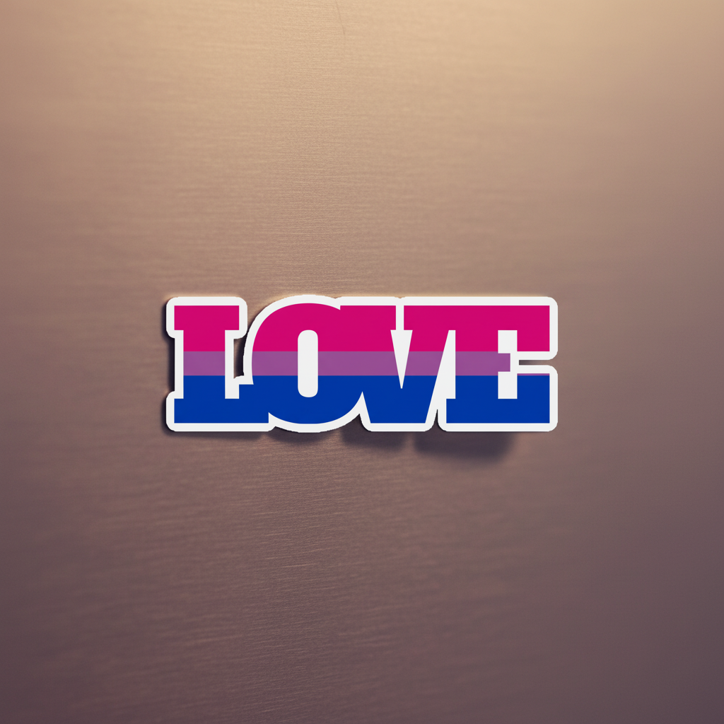 Bisexual Love Magnet with bold "LOVE" text in pink, purple, and blue flag colors on a metallic finish—perfect for queer décor.