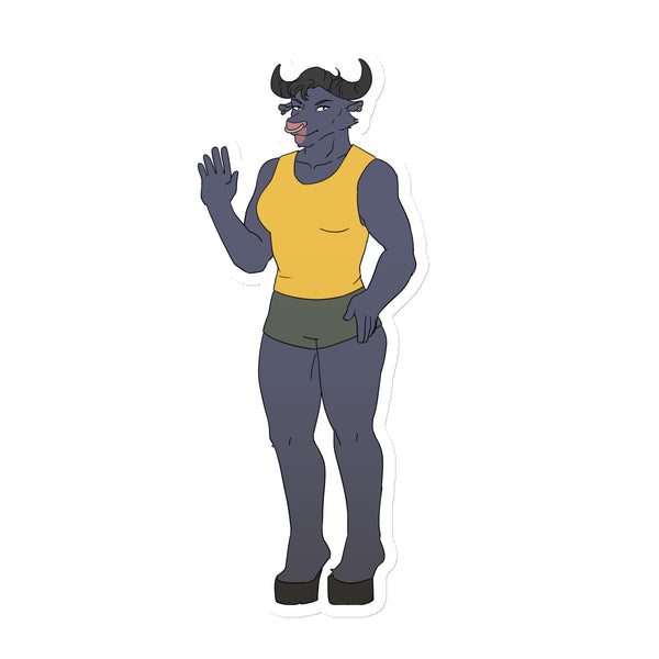 Full-body illustration of a horned bull character in a yellow tank top and green shorts, waving