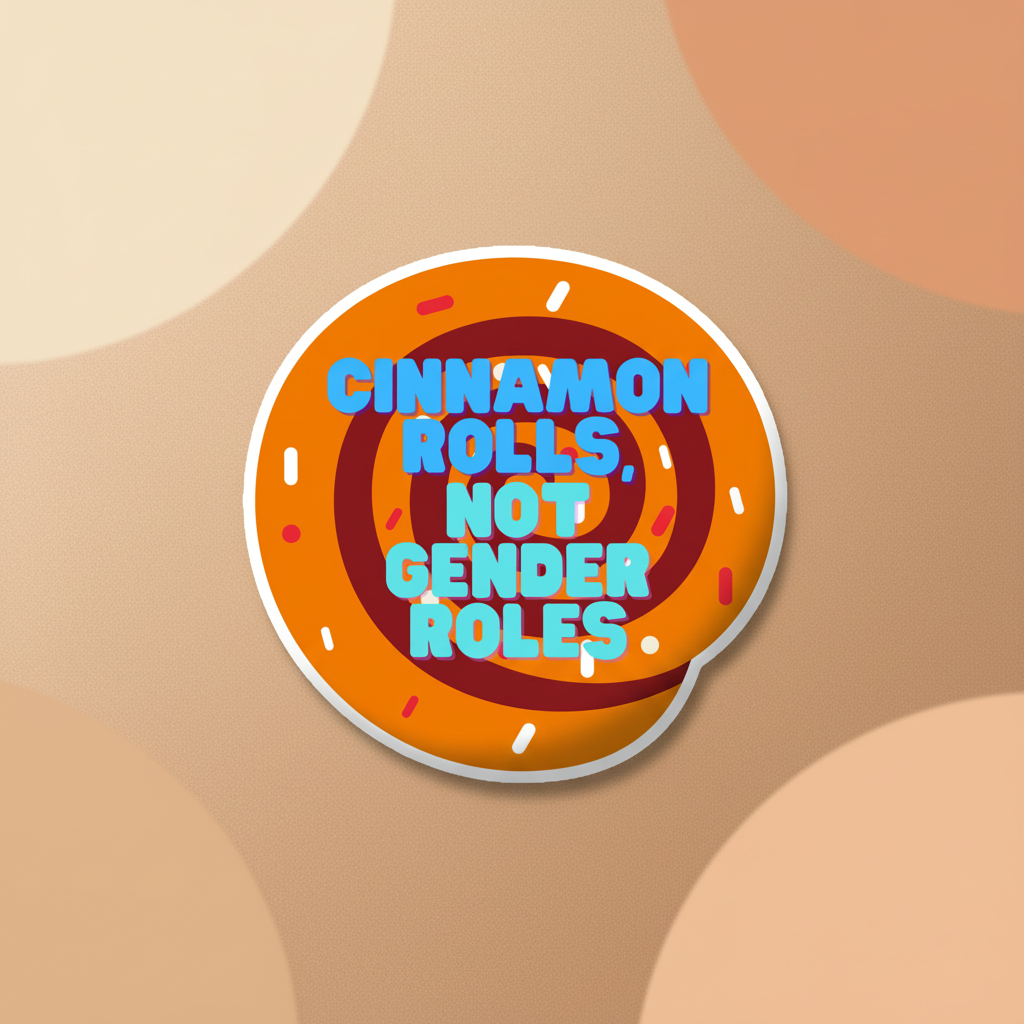 Round orange magnet reading “CINNAMON ROLLS NOT GENDER ROLES”
