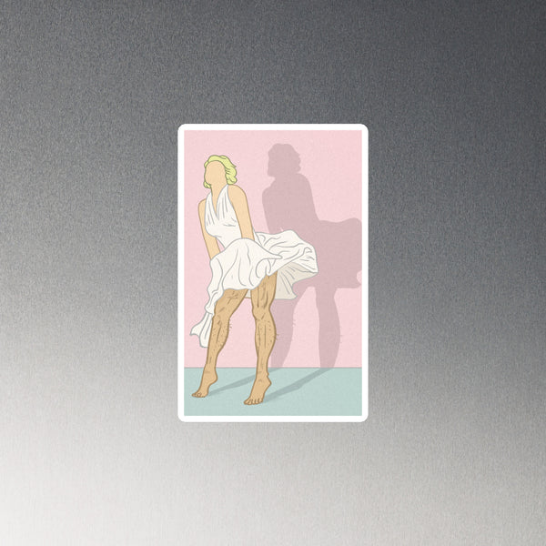 Rectangular magnet illustration of a faceless blonde figure in a white dress, with hairy legs and a pink shadow