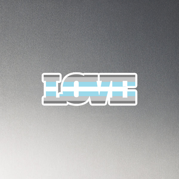 Demiboy Love Magnet features bold “LOVE” in block letters with light grey and pale blue stripes, celebrating queer pride and self-expression with flexible vinyl and a luxurious matte finish.