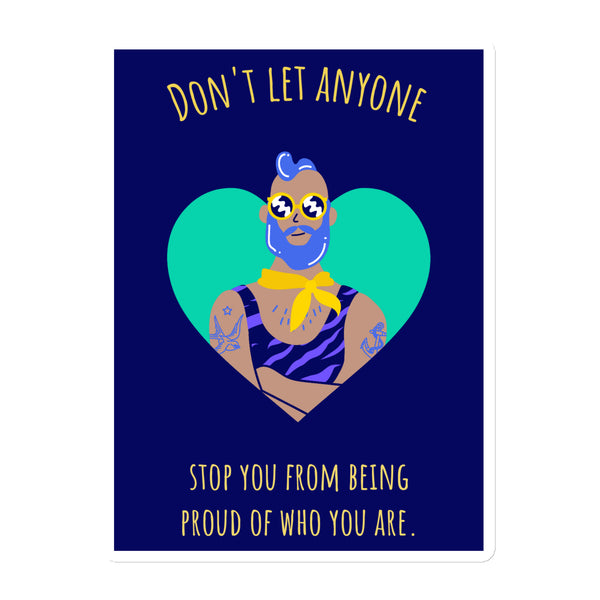 Pride magnet with a bearded figure in sunglasses inside a heart, with an affirmation