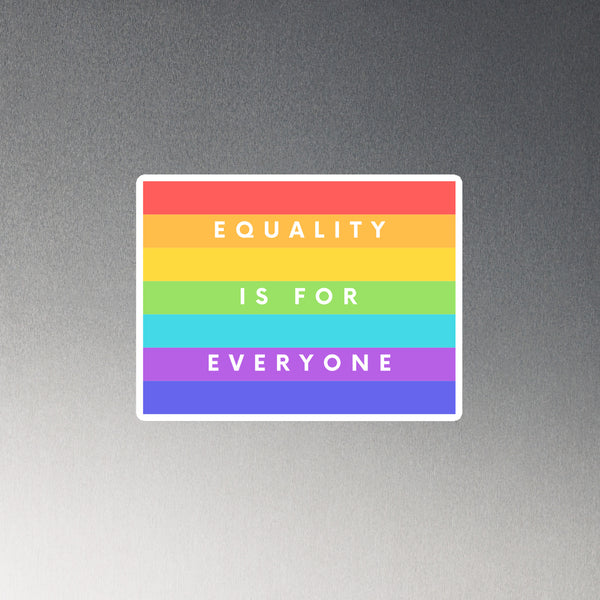 Rectangular rainbow-striped magnet reading “EQUALITY IS FOR EVERYONE”